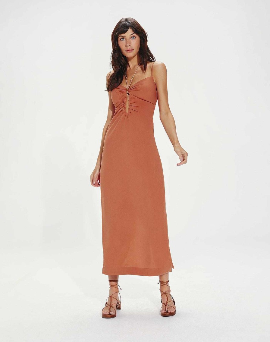 Clothing Vix Midi Dresses | Daisy Detail Long Dress Rust